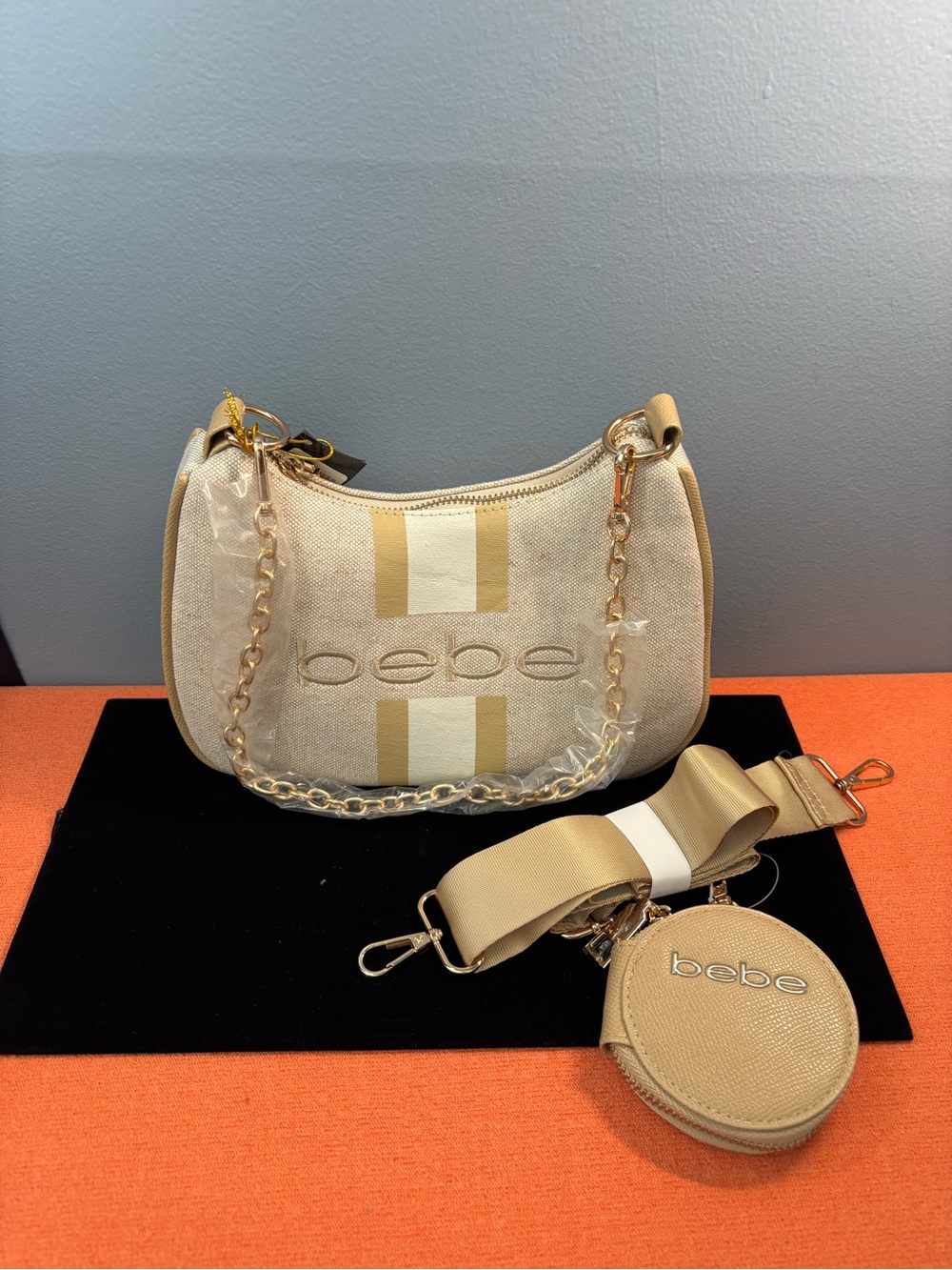bebe Paisley Almond Canvas Shoulder/Crossbody Bag with Chain Strap